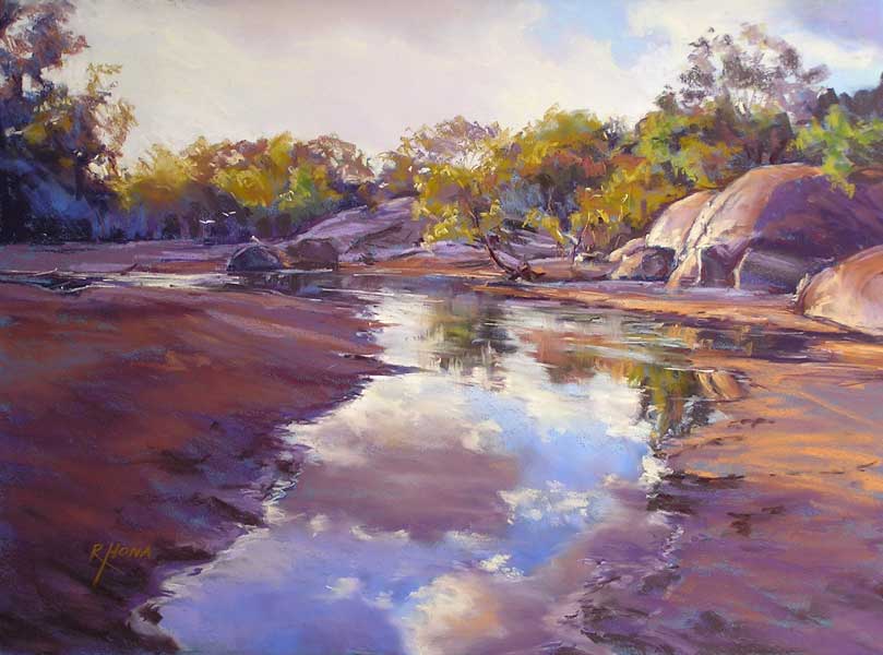 the heavens above, archer river, australian artist, australian painter, landscape painting, pastel, reflections, regina aona artist, rivers, water,