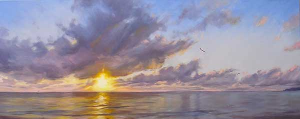 regina hona artist, seascape, oil painting, sunset painting, water subject, 