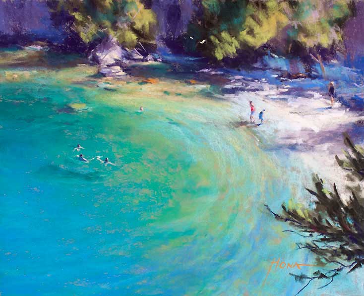 swimmers, beach, sheltered cove, people, rock formations,  clear water, pastel painting, regina hona artist, 