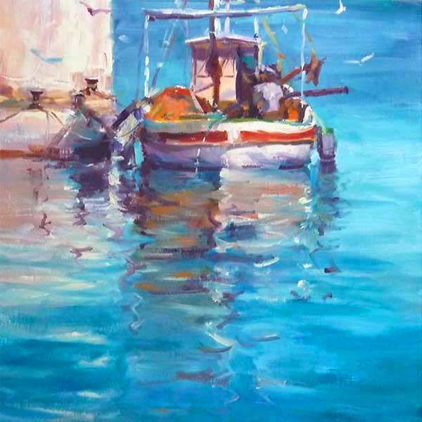 painting holidays, greek islands, workshop, getaway, artemis art tours regina hona, diana, mediterranian  holidays, italy, spain, france, boat painting, greek fisherman, 