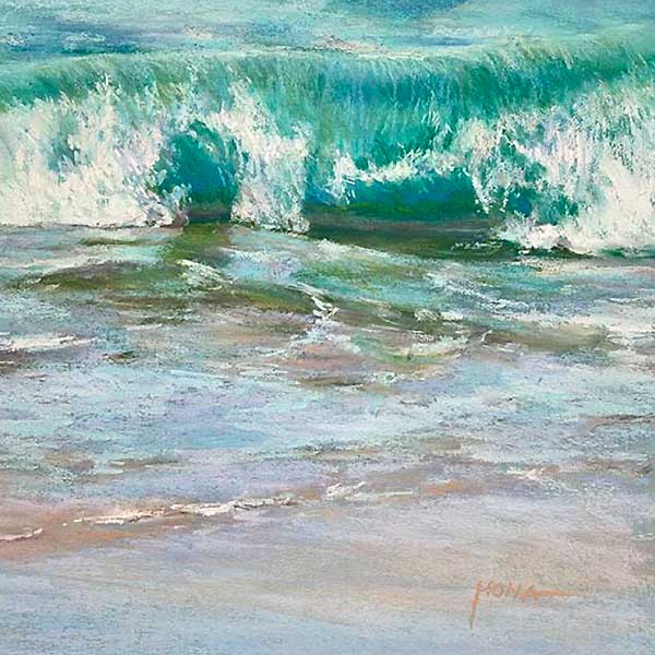 aqua waves, crash  beach sand, rolling waves, water reflections, cast shadows, pastel paintings, 