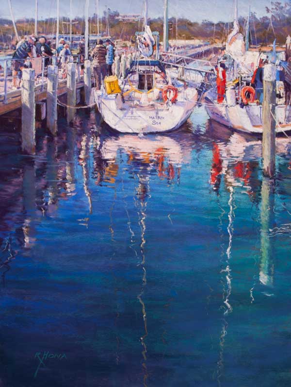 water reflections shadows, ripples, sky blue, white sailing boats, jetty, moored. pastel painting regina hona, 