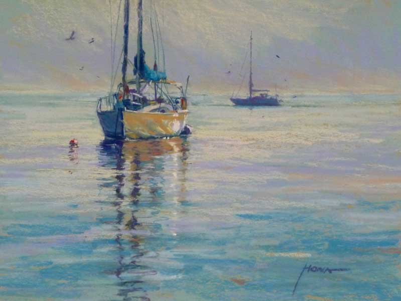 morning water reflections, gentle ripples, sailing boats painting, mornington peninsular, australia,   