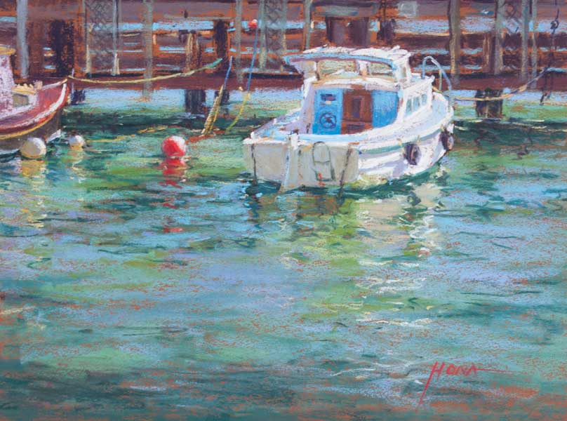 ornage bouy, jetty, boat, moored, soft water reflections pastel, artist, regina hona drawing, 