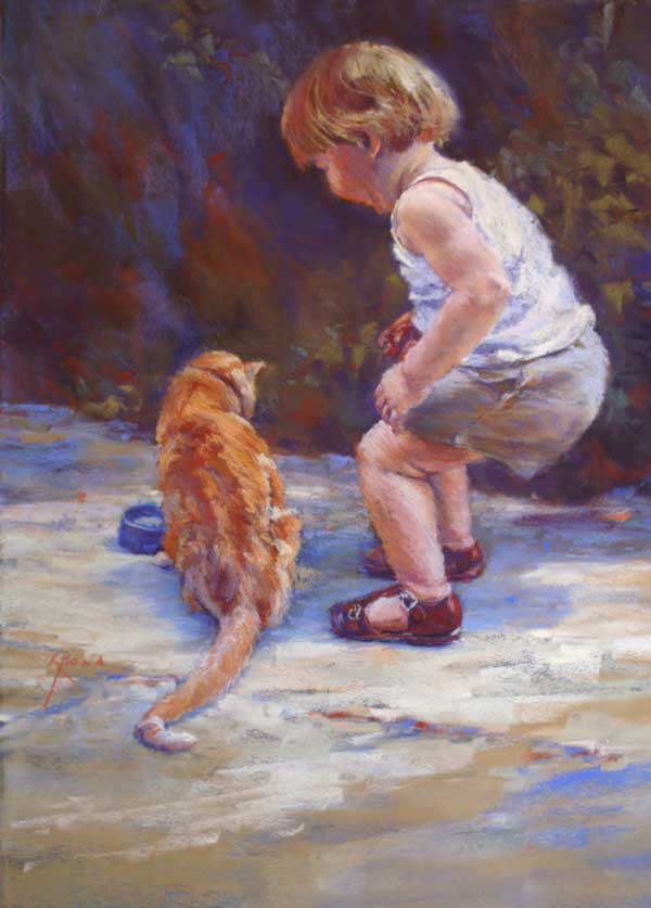animal portrait, australian artist, child painting, figurative, pastel, regina hona artist, feeding cat,