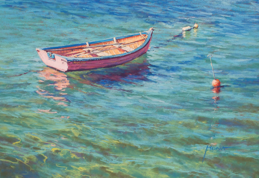 pastel painting boat, red brown wooden dinghy, orange bouy, water reflections, blue green sea, waves, 
