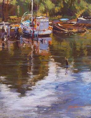 regina hona artist, water subject, landscape, old boat, tasmania, water reflections, boat subject, pastel painting,