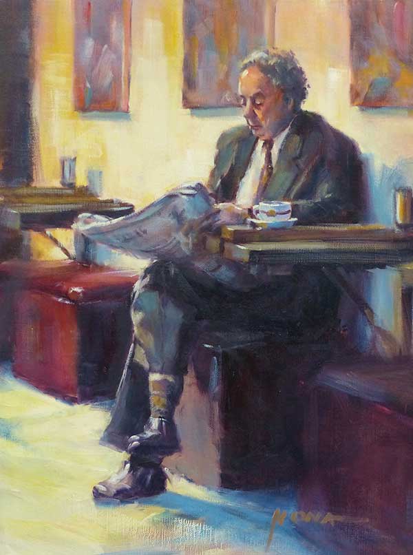 cafe scene, oil painting, figurative painting, yellow walls, coffee, reading paper, 
business man, painting workshop, sketching classes, people drawings, 