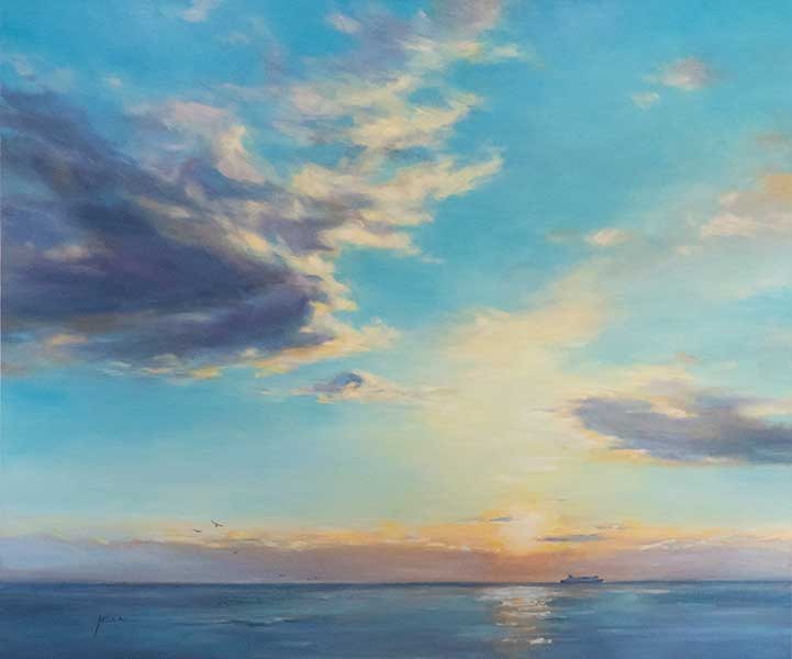 Regina Hona artist, ocean, sky subject, clouds, oil painting, seascape, sunset,