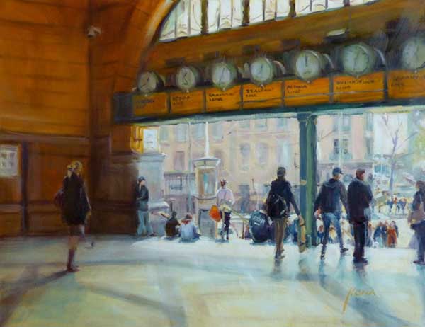 flinders street station, melbourne, regina hona artist, station clocks, meeting place, oil painting,