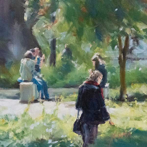 garden painting, oil painting, figurative painting, park scene, regina hona artist, impressionist style, forest green, sky blue, people gathering, drawing, sketching, plein air workshops, drawing people, sketching crowds, 