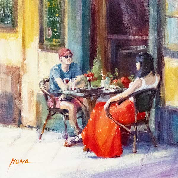 figurative painting, oil painting, red skirt, cafe scene, regina hona artist, australian painter, 