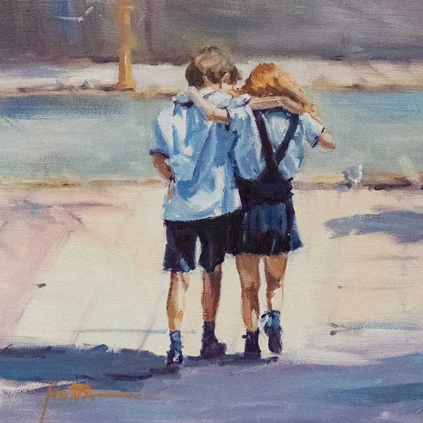 children oil painting,  figurative drawing, regina hona artist, streetscape, urban street scene, school clothes, walking home together, artists impression, drawing, sketching oils,  