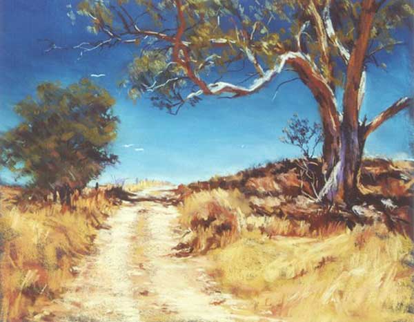 arkaba track, flinders ranges south australia, pastel painting, tree subject, regina hona artist, track, 