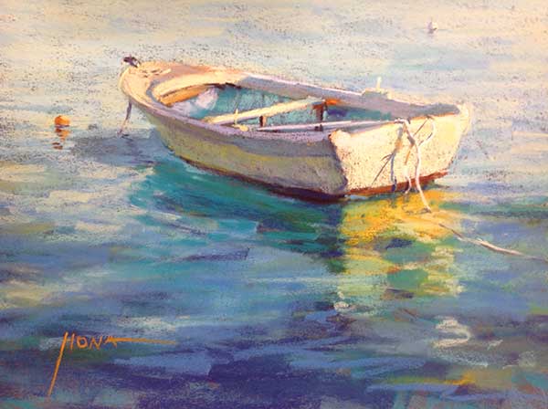 boat, water subject, regina hona artist, water reflections, pastel painting, water subject, pastel subject, reflections, dinghy,