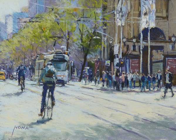 swanston street melbourne, melbourne tram, cyclist, cityscape, pastel painting, regina hona artist,