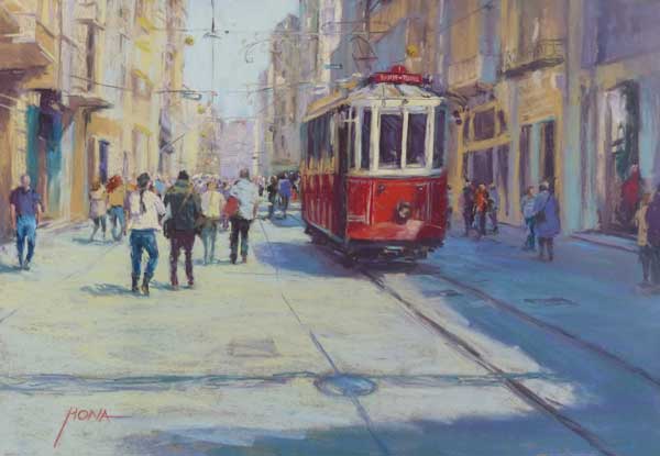 iszketel, istanbul, red tram, pastel painting, street scene, regina hona artist, 