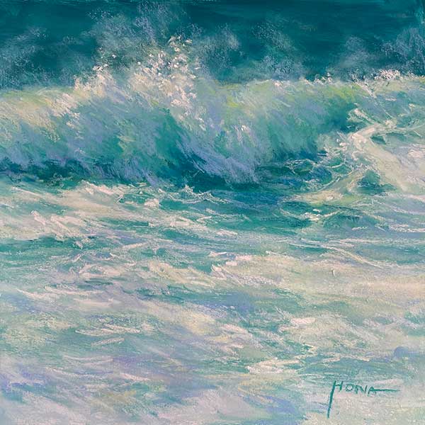 aqua blue green, waves, beach. master class pastel painting techniques, crashing wave, foam, light reflections, unison sea colours, pastel school, workshops, 